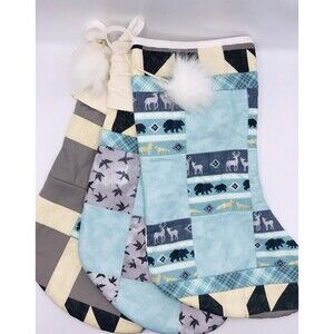 Set of 3 Handmade Christmas Stockings Repurposed Quilted Polar Bear Blue 17 Inch